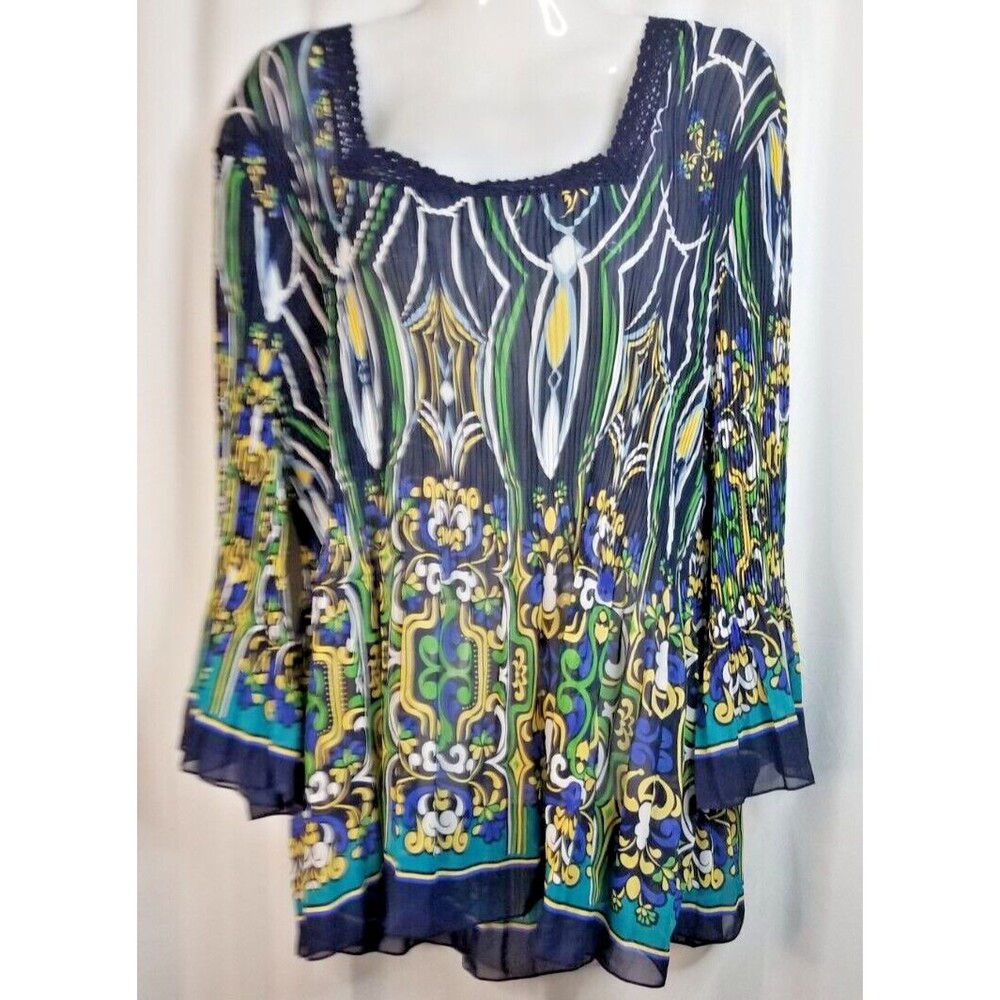 Women's Top BOHO Crinkle Stretch Square Neck Navy Bell Sleeve Sheer Size 3X